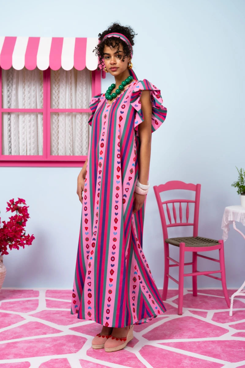 Betty Dress Purple Multi Stripes Aztek Frill Sleeves Φόρεμα με Ζώνη & Τσέπες Petit Boutik