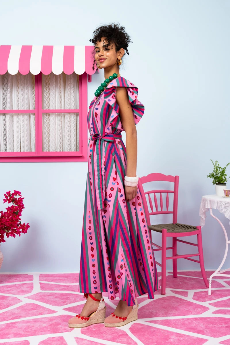 Betty Dress Purple Multi Stripes Aztek Frill Sleeves Φόρεμα με Ζώνη & Τσέπες Petit Boutik