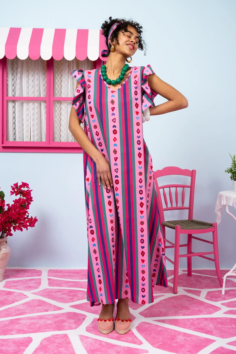 Betty Dress Purple Multi Stripes Aztek Frill Sleeves Φόρεμα με Ζώνη & Τσέπες Petit Boutik