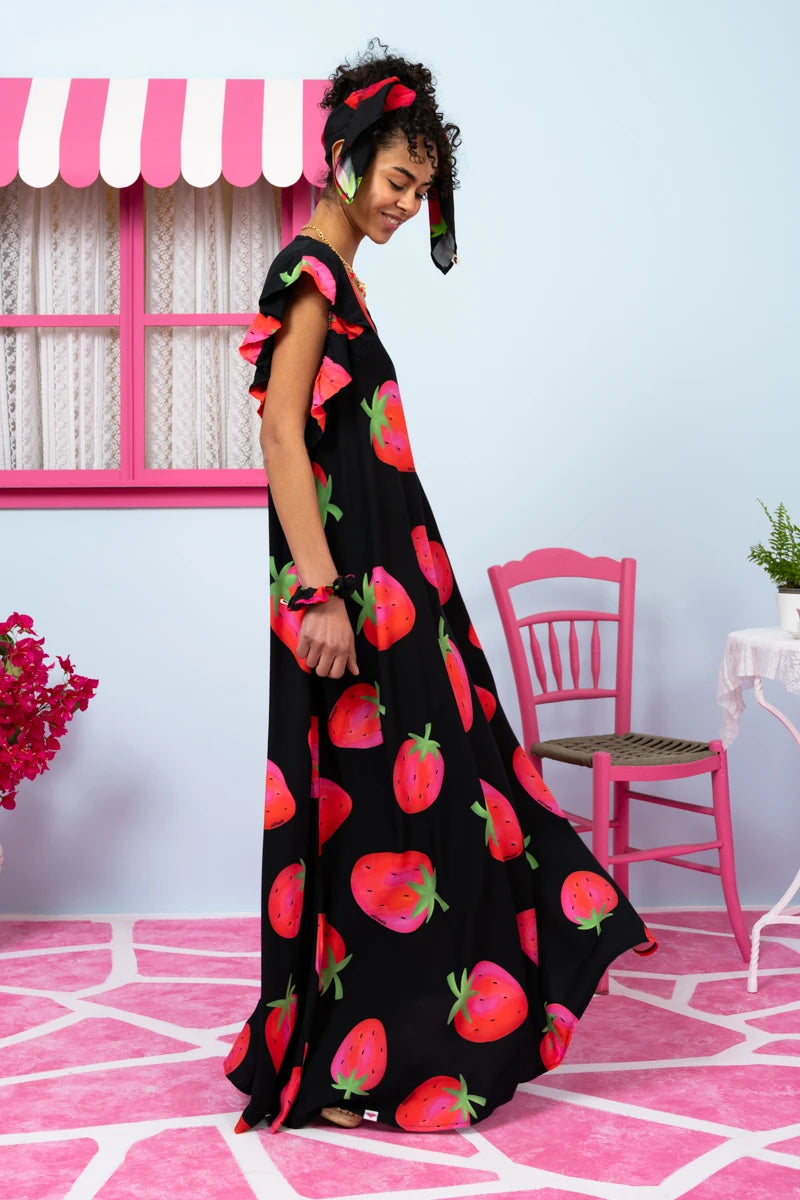 Betty Dress Vis Black Big Strawberries Frill Sleeves Φόρεμα με Ζώνη & Τσέπες Petit Boutik