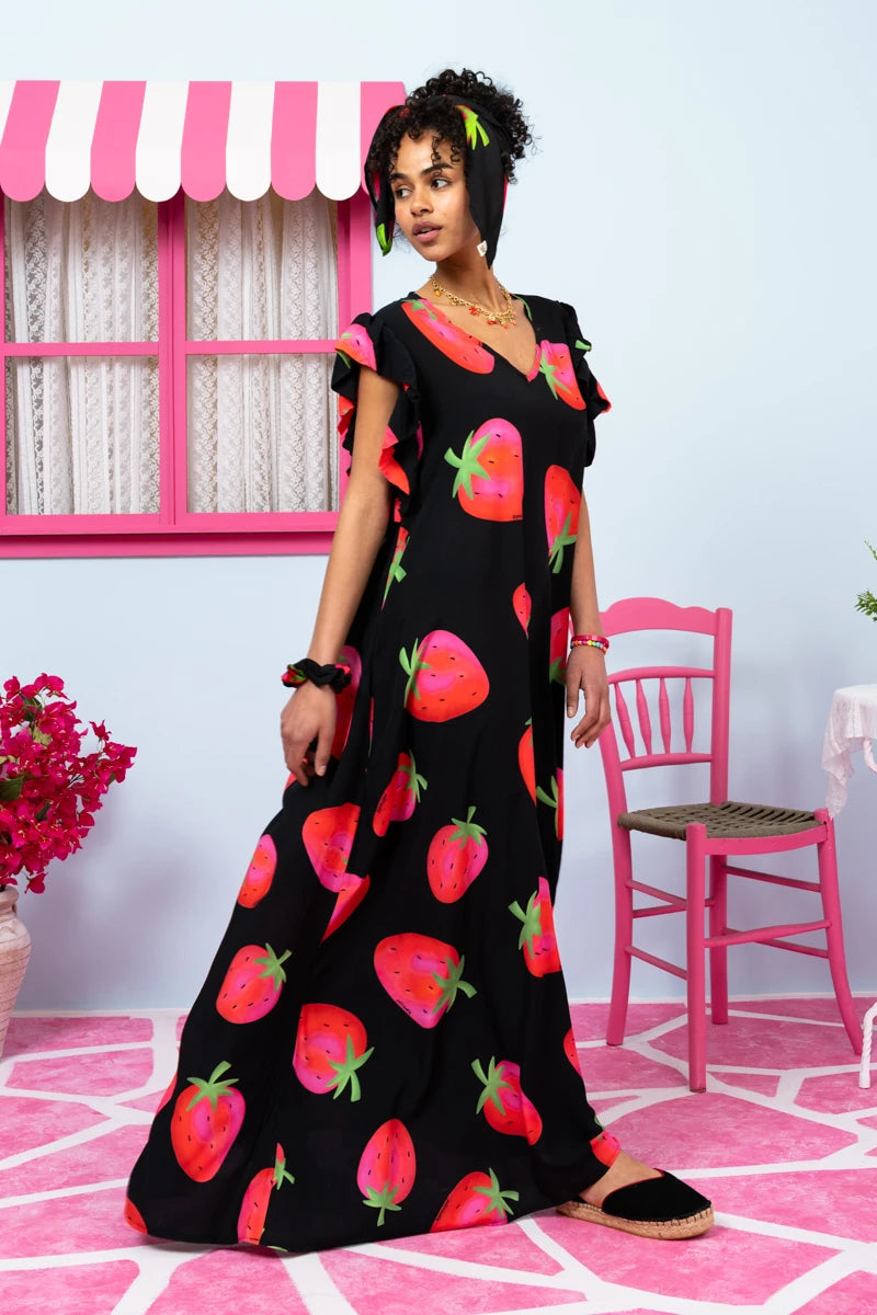 Betty Dress Vis Black Big Strawberries Frill Sleeves Φόρεμα με Ζώνη & Τσέπες Petit Boutik