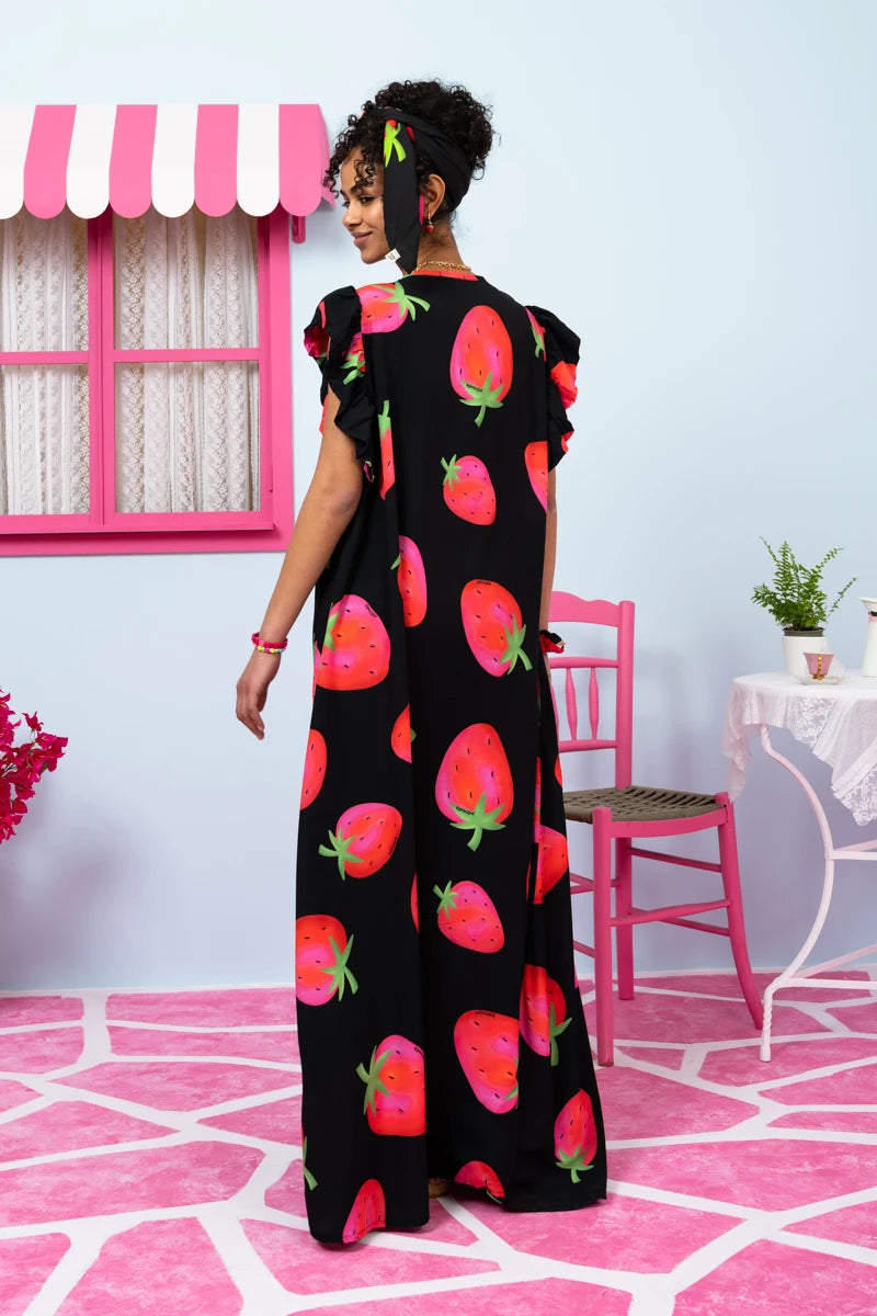 Betty Dress Vis Black Big Strawberries Frill Sleeves Φόρεμα με Ζώνη & Τσέπες Petit Boutik
