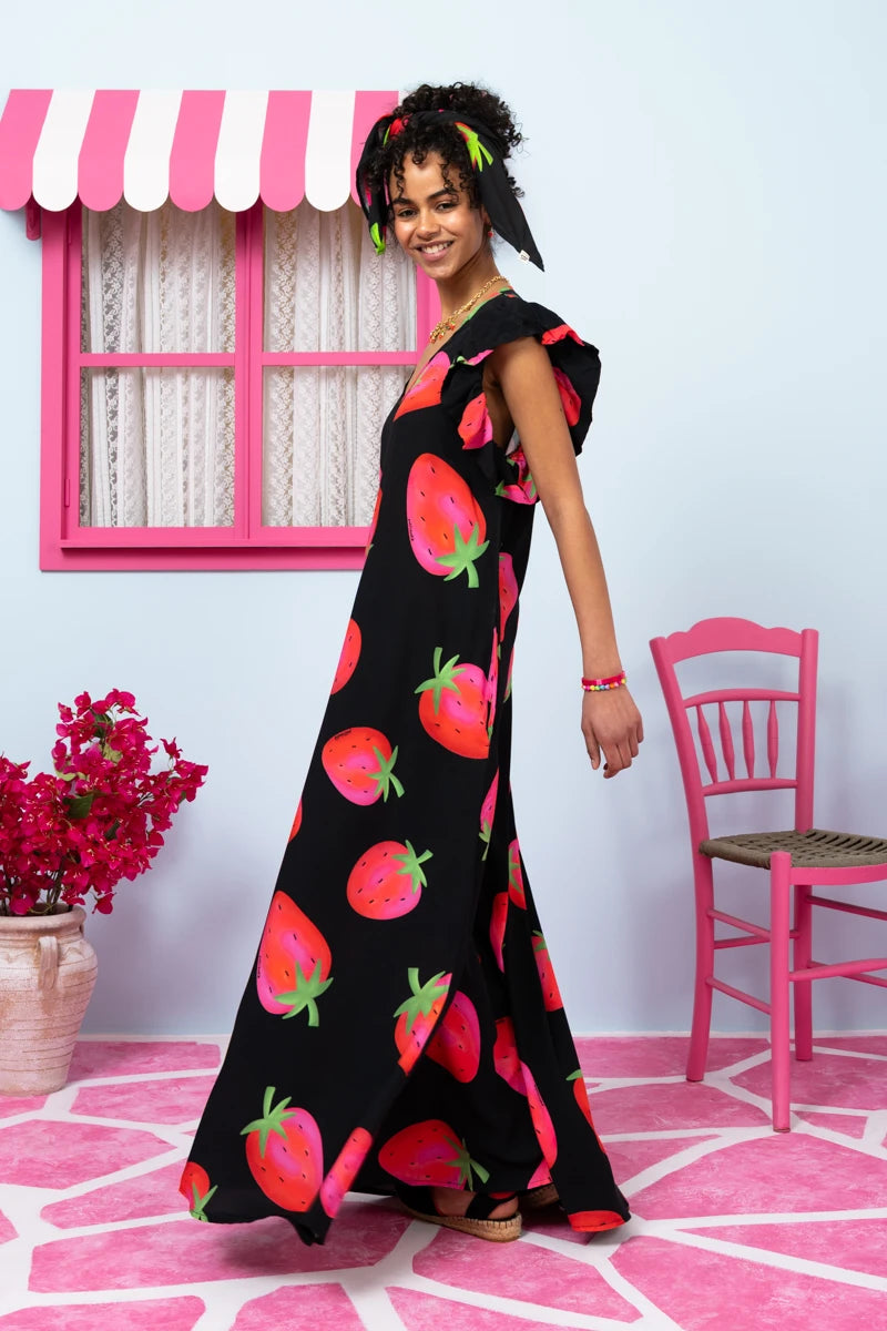 Betty Dress Vis Black Big Strawberries Frill Sleeves Φόρεμα με Ζώνη & Τσέπες Petit Boutik