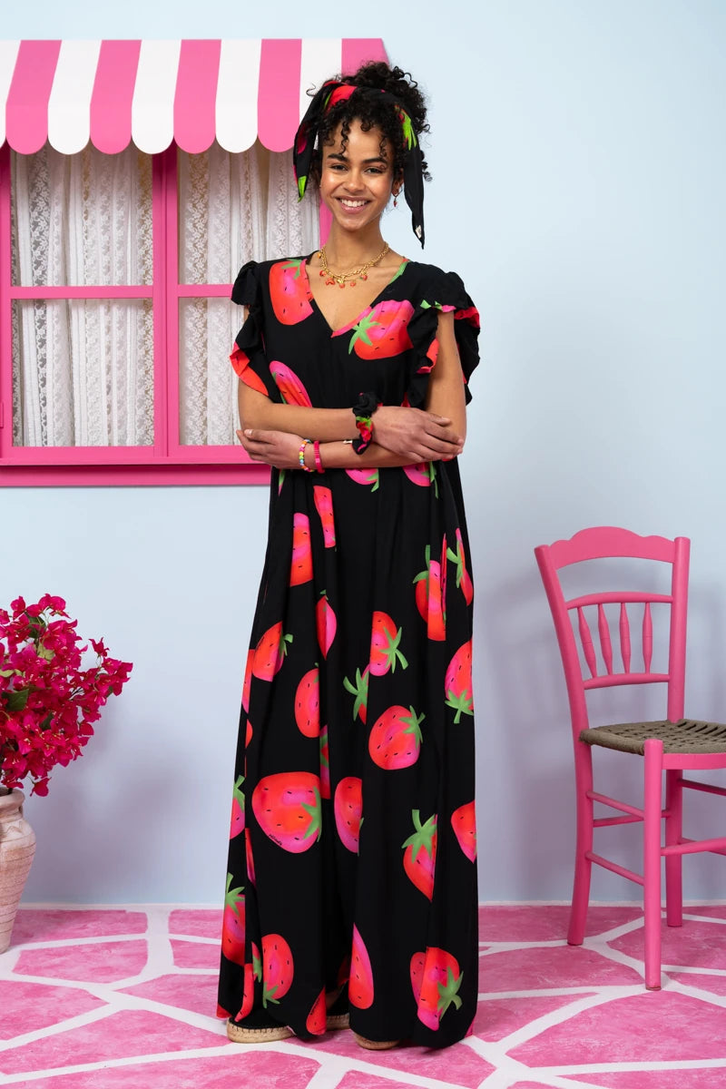 Betty Dress Vis Black Big Strawberries Frill Sleeves Φόρεμα με Ζώνη & Τσέπες Petit Boutik