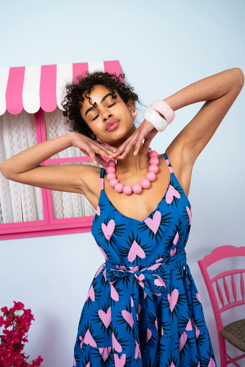 Beverly Short Dress Blue Hearts Pink Spikes Τιραντέ Φόρεμα με Ζώνη & Τσέπες Petit Boutik