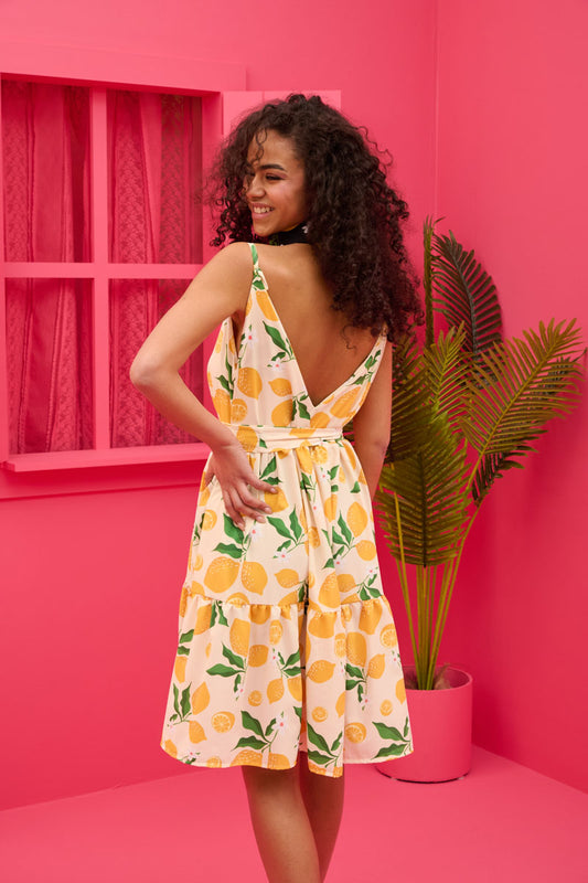 Beverly Short Dress Cream Lemons Τιραντέ Φόρεμα με Ζώνη & Τσέπες Petit Boutik