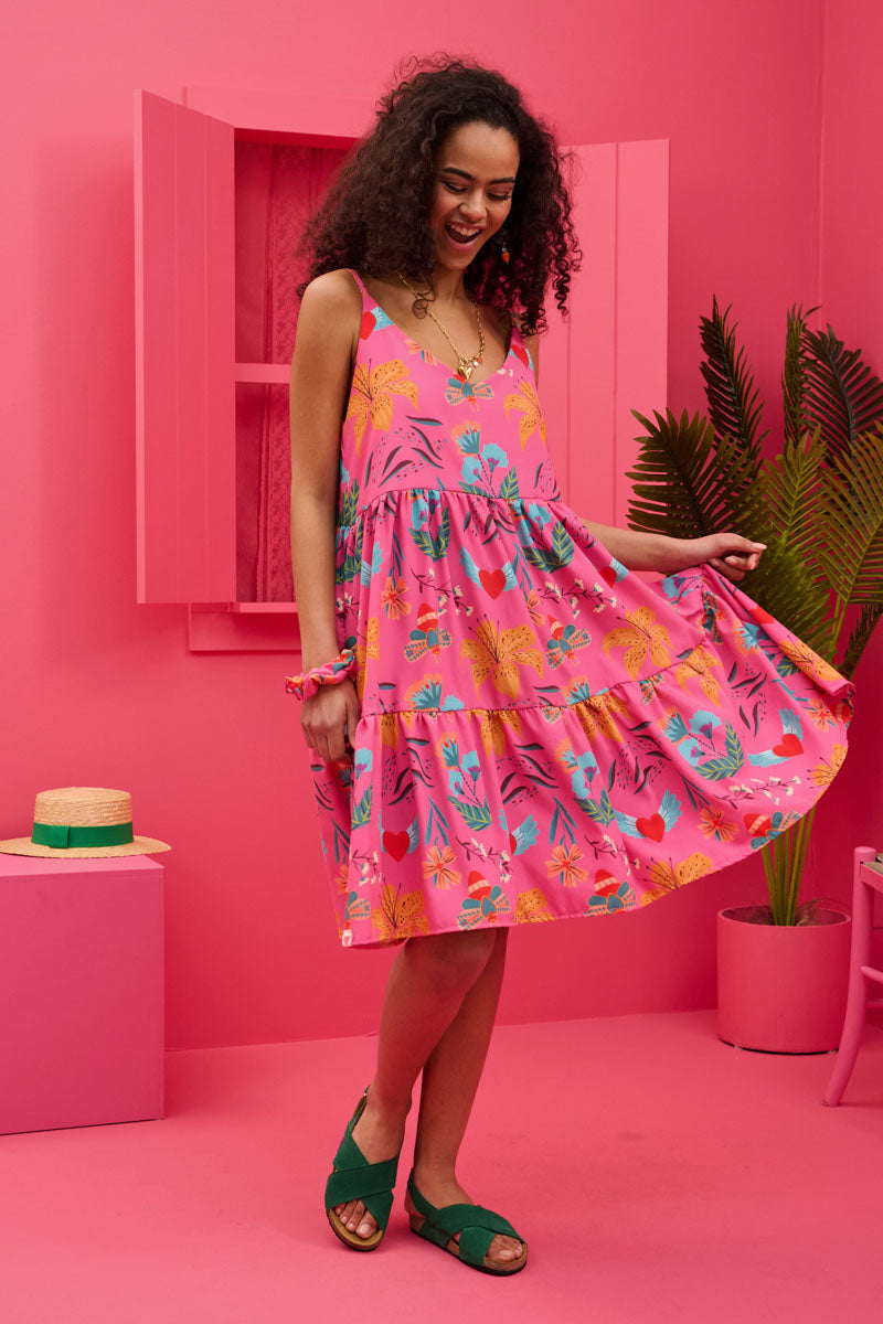Beverly Short Dress Hot Pink Floral Τιραντέ Φόρεμα με Ζώνη & Τσέπες Petit Boutik