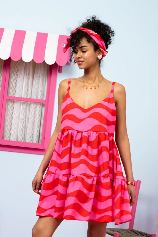 Beverly Short Dress Pink Red Waves Τιραντέ Φόρεμα με Ζώνη & Τσέπες Petit Boutik