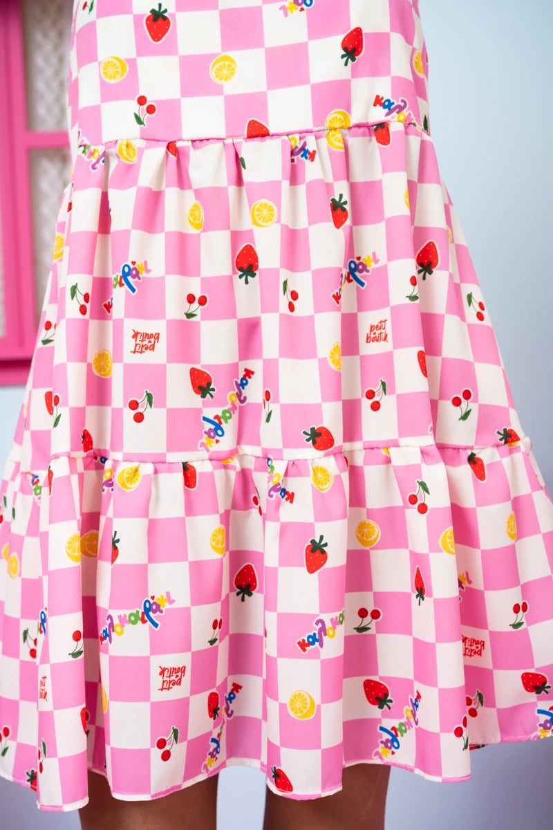 Beverly Short Dress Pink White Checkered Καλοκαιράκι Τιραντέ Φόρεμα με Ζώνη & Τσέπες Petit Boutik