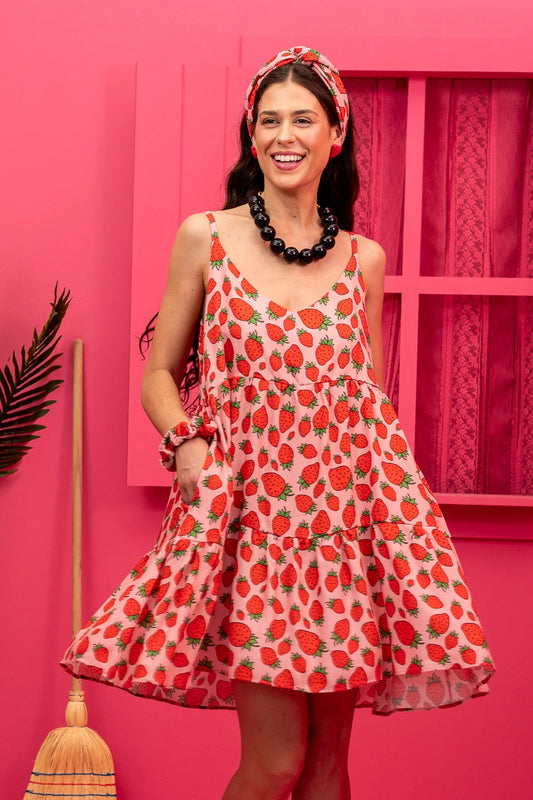 Beverly Short Dress Vis Pink Strawberries Τιραντέ Φόρεμα με Ζώνη & Τσέπες Petit Boutik