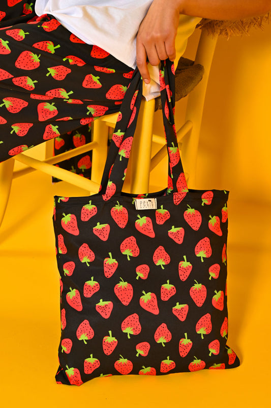 Black With Strawberries Tote Bag Petit Boutik