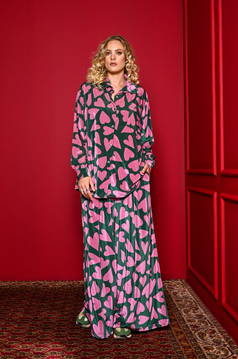 Maya Shirt Green Pink Hearts Velvet Rip Πουκάμισο Petit Boutik