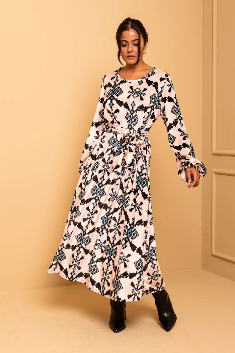 Dolores Dress Εκρού Pixel Blue Aztek Velvet Φόρεμα με Ζώνη & Τσέπες Petit Boutik