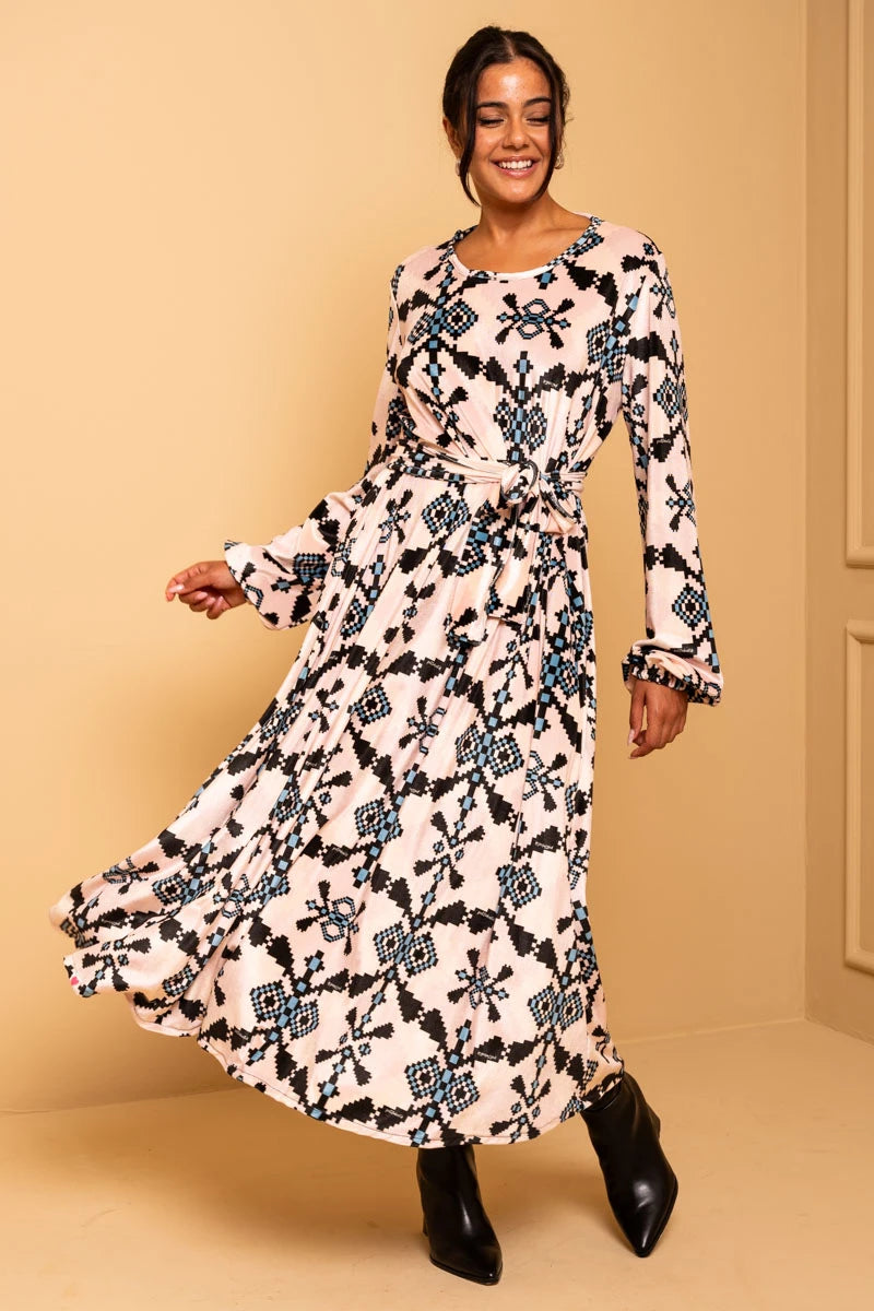 Dolores Dress Εκρού Pixel Blue Aztek Velvet Φόρεμα με Ζώνη & Τσέπες Petit Boutik