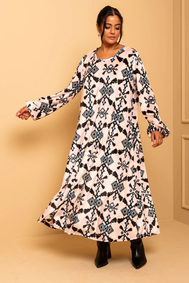 Dolores Dress Εκρού Pixel Blue Aztek Velvet Φόρεμα με Ζώνη & Τσέπες Petit Boutik