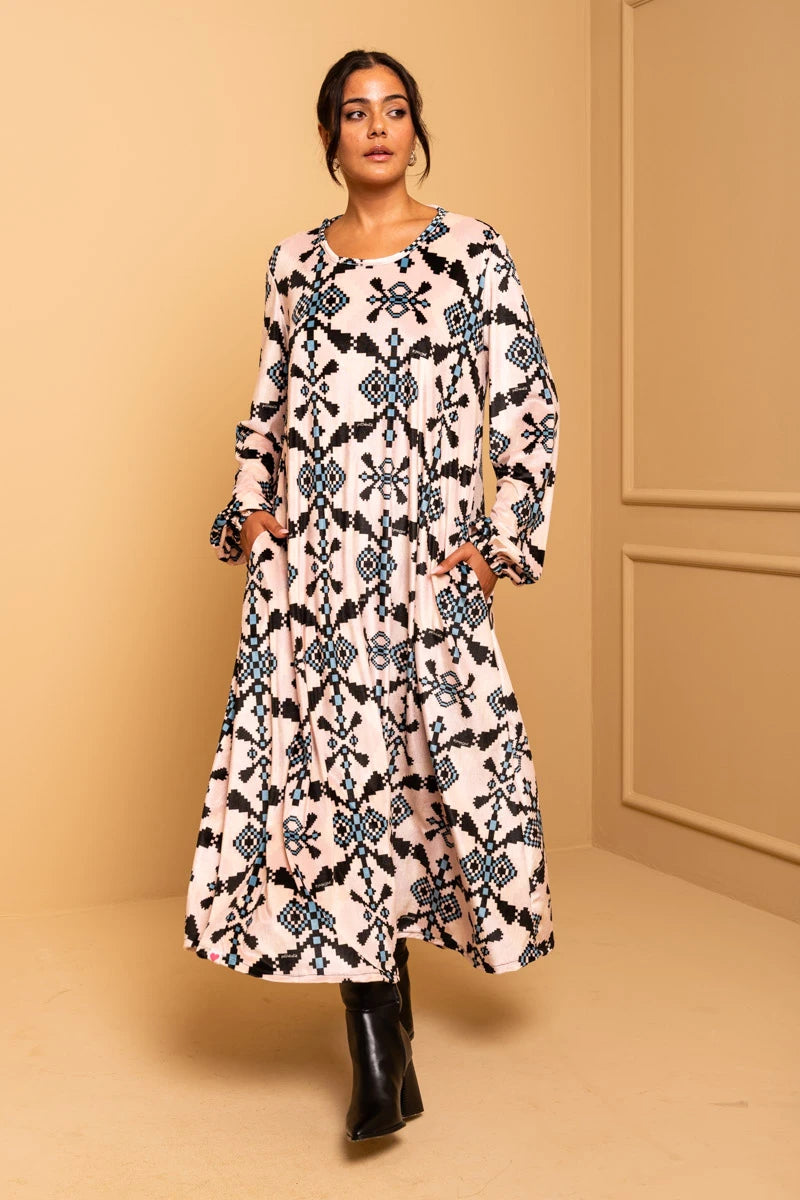 Dolores Dress Εκρού Pixel Blue Aztek Velvet Φόρεμα με Ζώνη & Τσέπες Petit Boutik