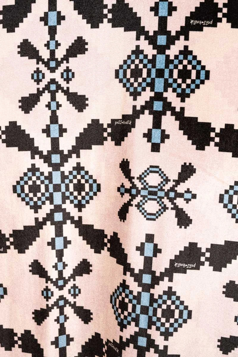 Dolores Dress Εκρού Pixel Blue Aztek Velvet Φόρεμα με Ζώνη & Τσέπες Petit Boutik