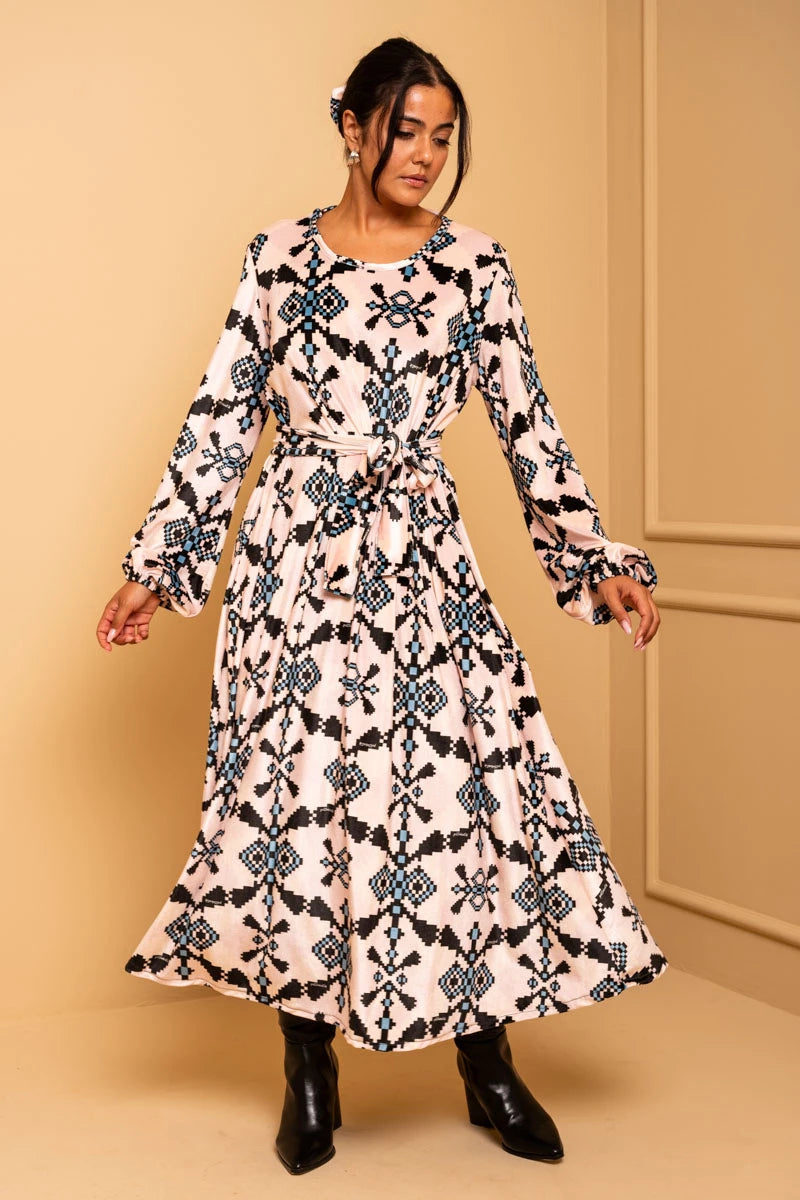 Dolores Dress Εκρού Pixel Blue Aztek Velvet Φόρεμα με Ζώνη & Τσέπες Petit Boutik