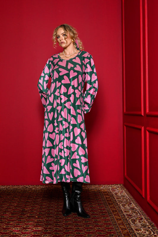Dolores Dress Green Pink Hearts Velvet Rip Φόρεμα με Ζώνη & Τσέπες Petit Boutik