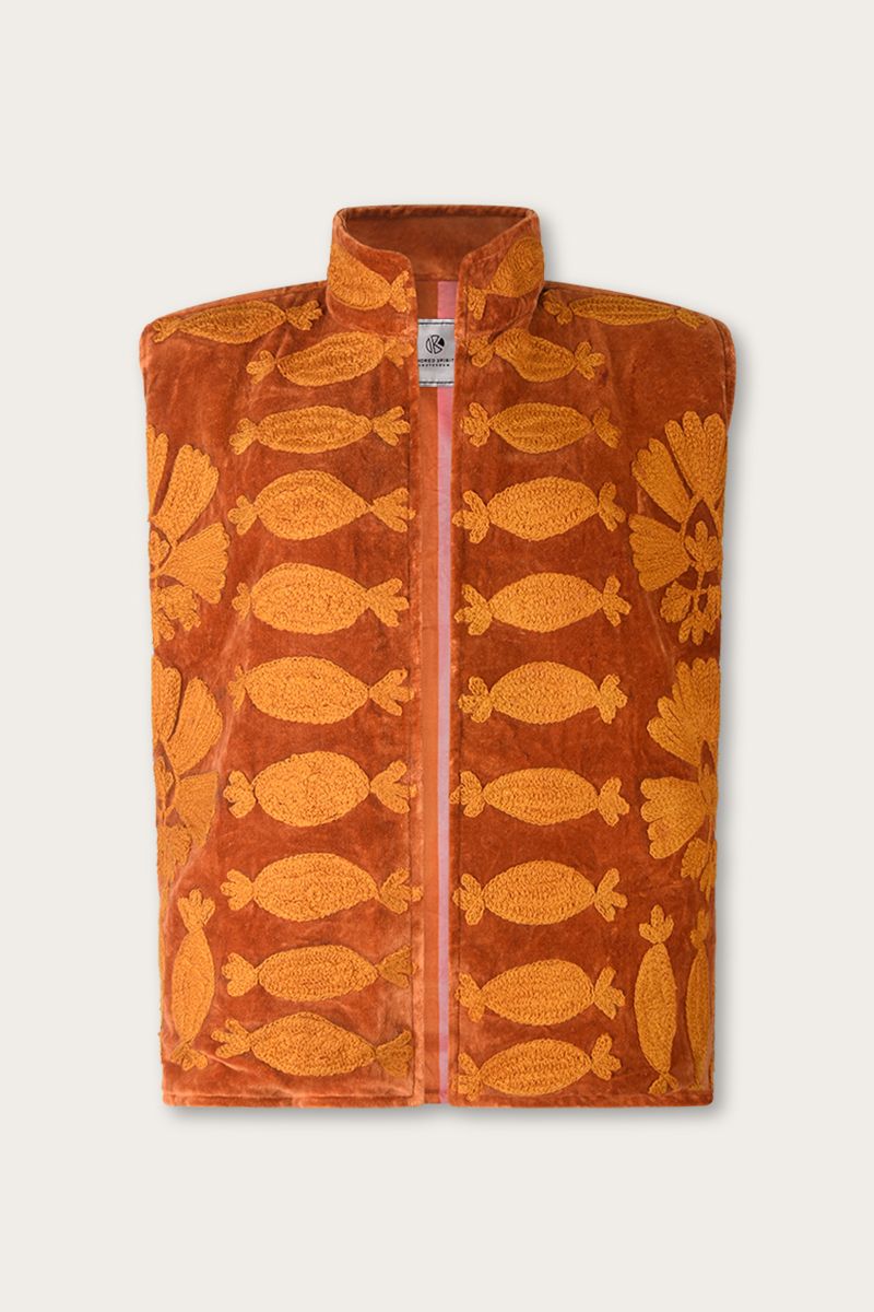 Embroidered Velvet Bodywarmer Amber / Burnt Orange
