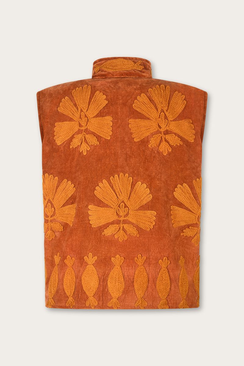 Embroidered Velvet Bodywarmer Amber / Burnt Orange