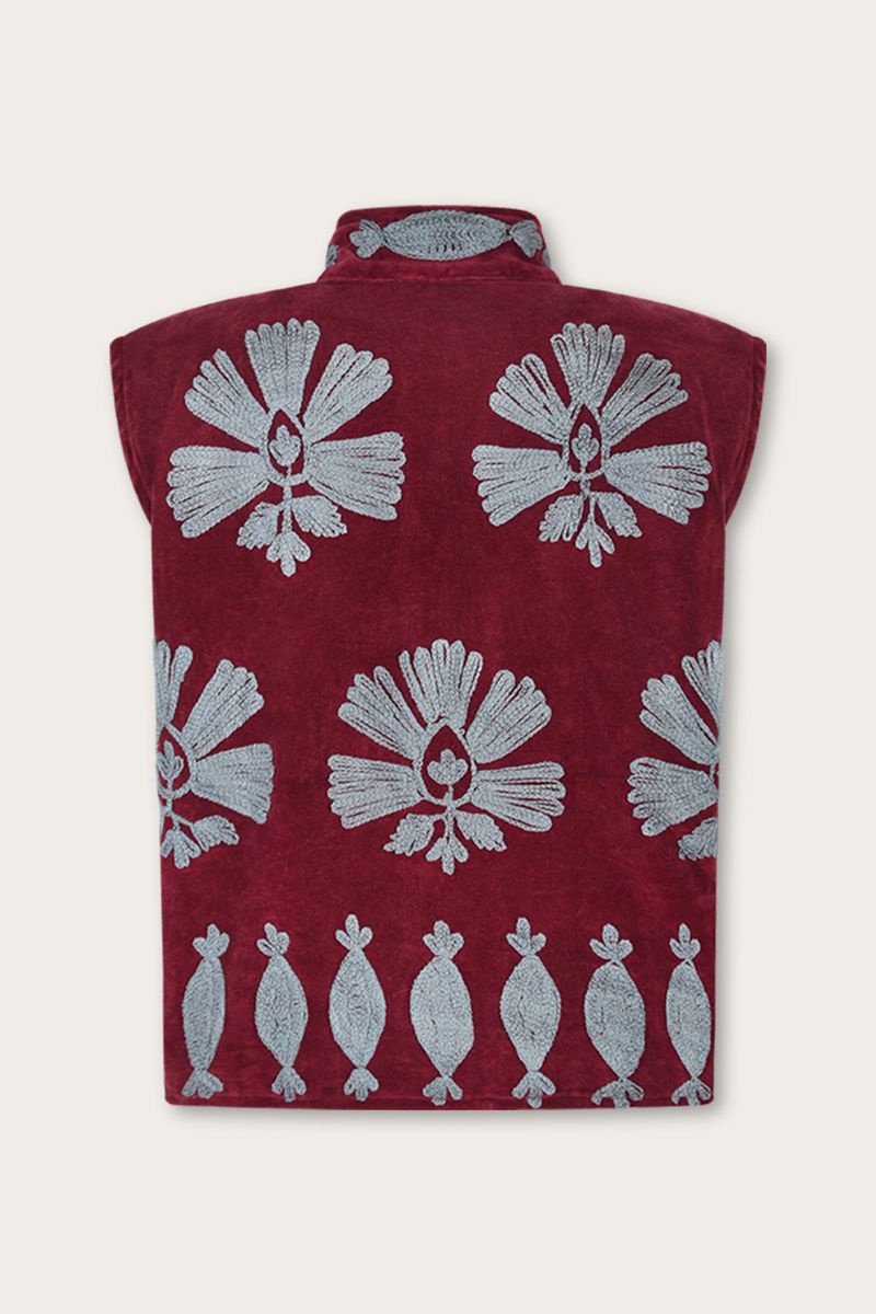 Embroidered Velvet Bodywarmer Berry with Light Blue Embroidery