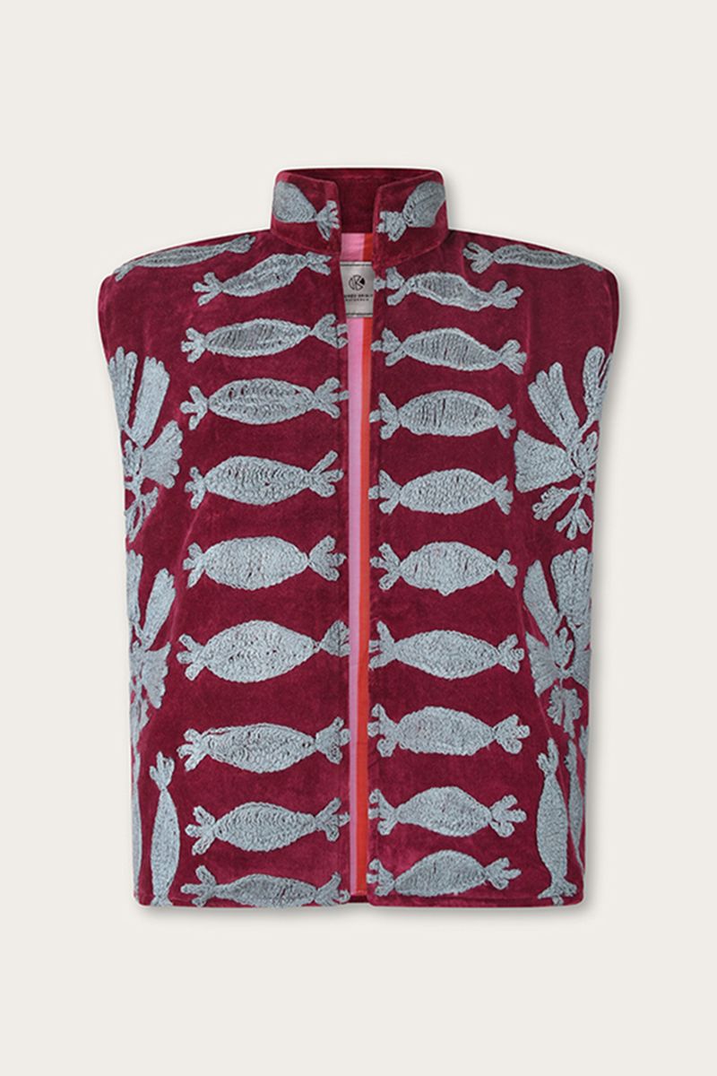 Embroidered Velvet Bodywarmer Berry with Light Blue Embroidery