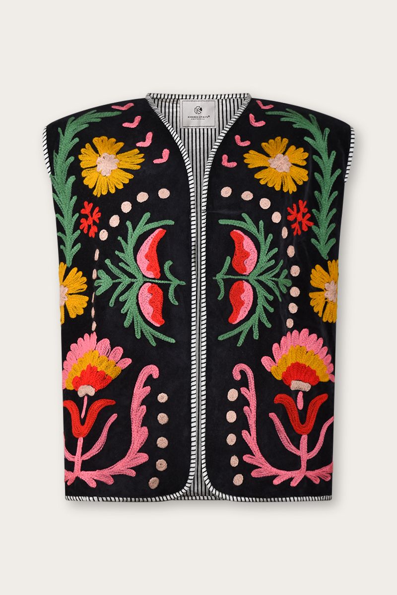 Embroidered Bodywarmer – Black with Floral Suzani Embroidery & LOVE Detail