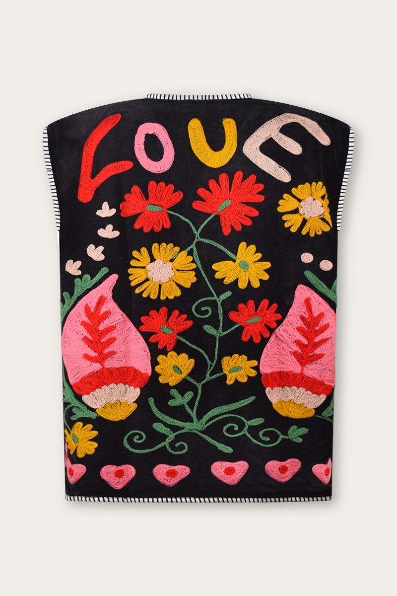 Embroidered Bodywarmer – Black with Floral Suzani Embroidery & LOVE Detail