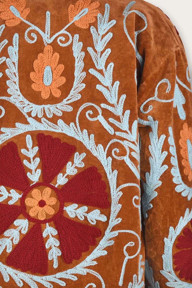 Suzani Jacket – Brown-amber with red floral embroidery