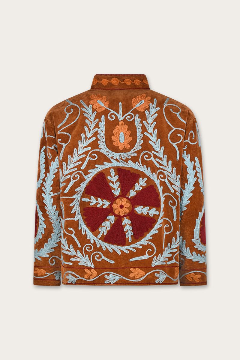 Suzani Jacket – Brown-amber with red floral embroidery