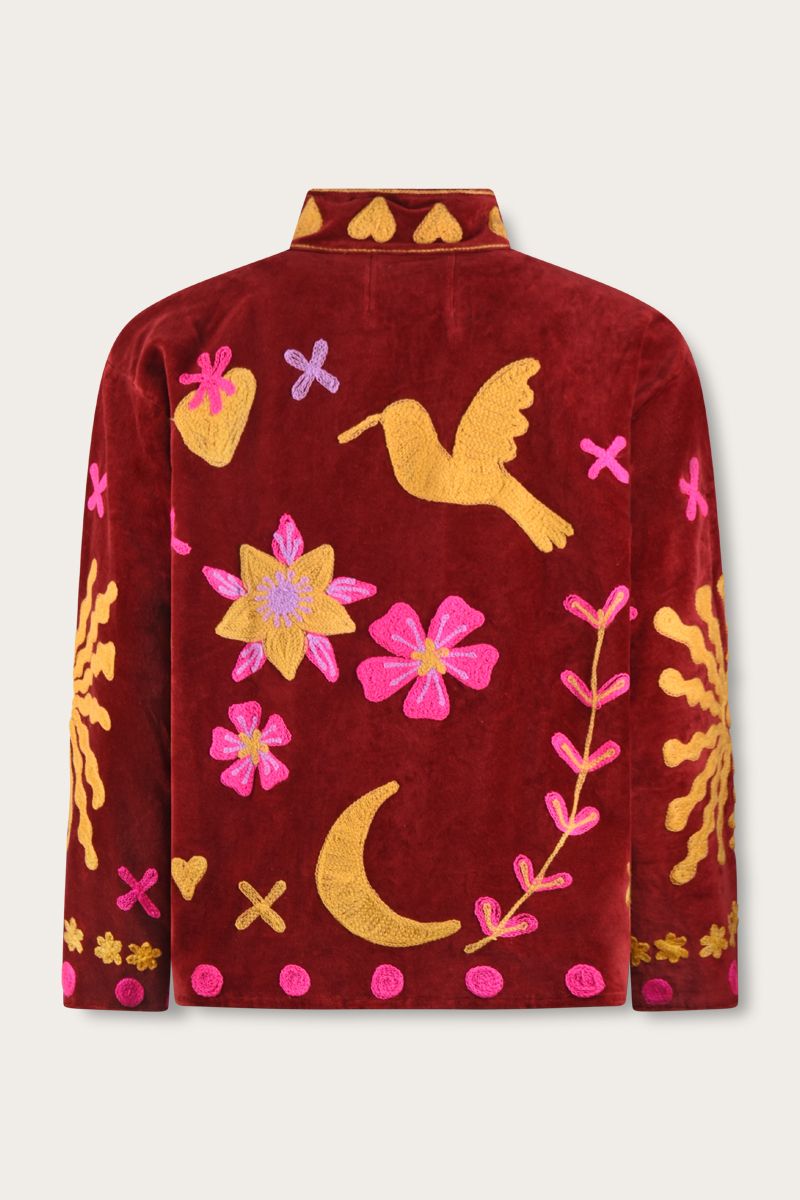 Embroidered Velvet Jacket – Deep Burgundy with Yellow and Pink Embroidery