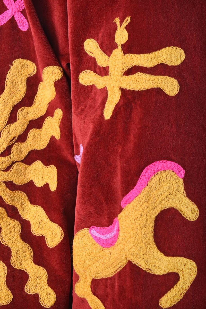 Embroidered Velvet Jacket – Deep Burgundy with Yellow and Pink Embroidery