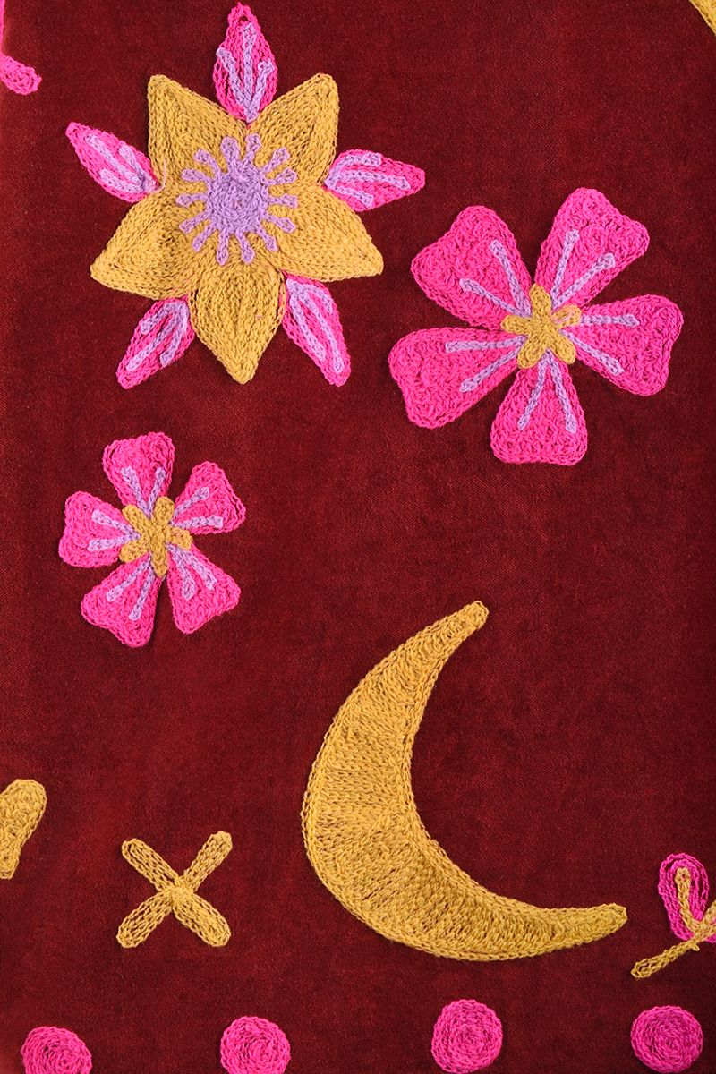 Embroidered Velvet Jacket – Deep Burgundy with Yellow and Pink Embroidery
