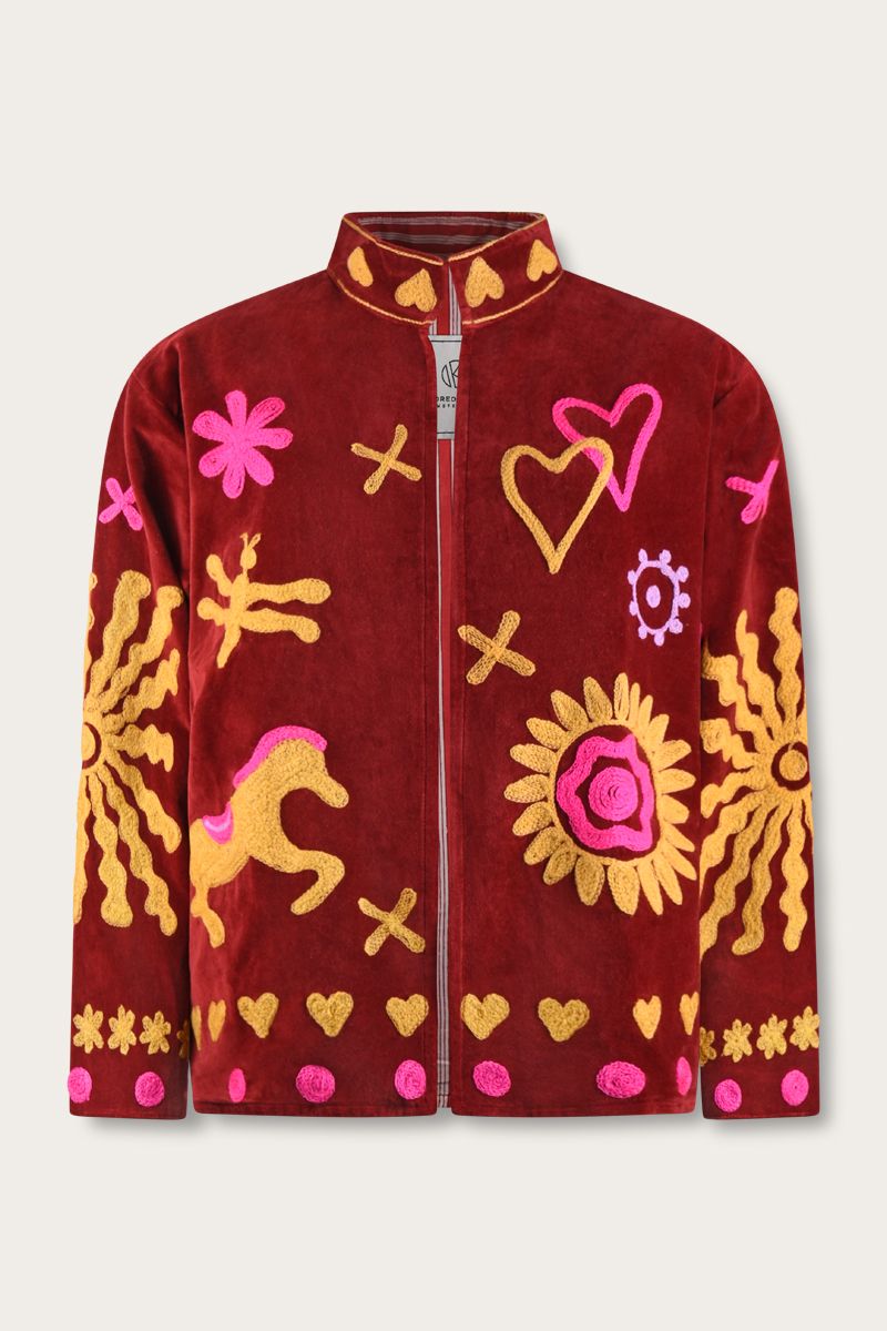 Embroidered Velvet Jacket – Deep Burgundy with Yellow and Pink Embroidery