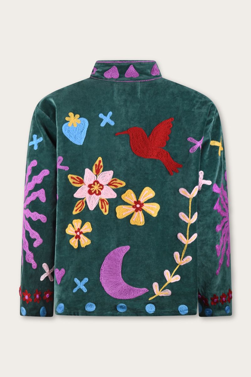 Embroidered Velvet Jacket – Deep Green with Playful Multicolor Embroidery
