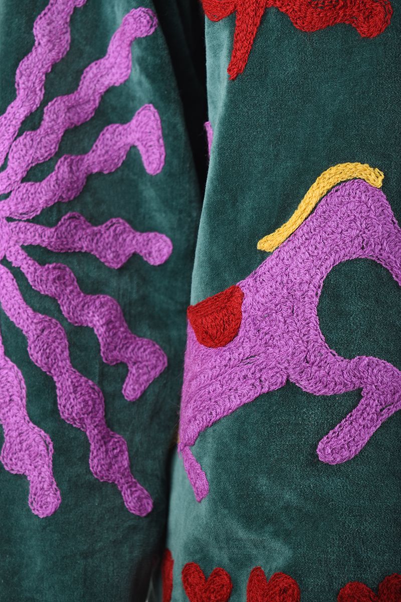 Embroidered Velvet Jacket – Deep Green with Playful Multicolor Embroidery