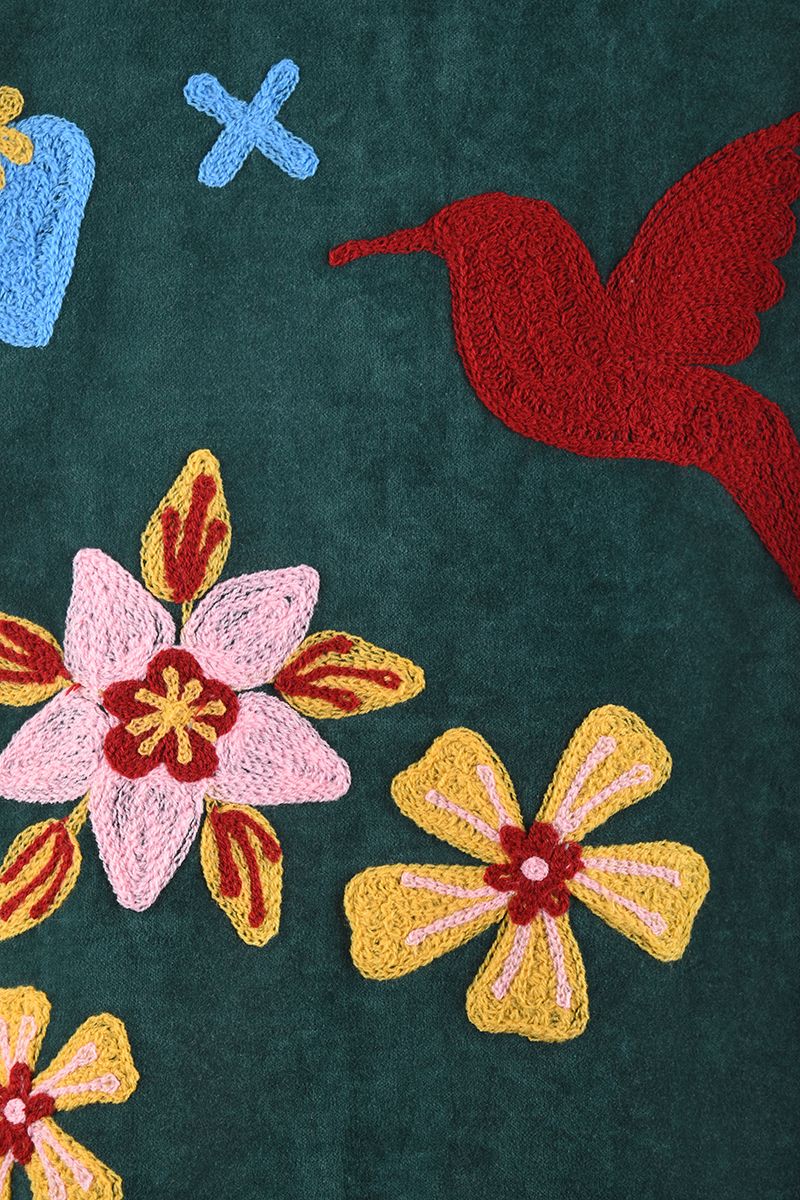 Embroidered Velvet Jacket – Deep Green with Playful Multicolor Embroidery
