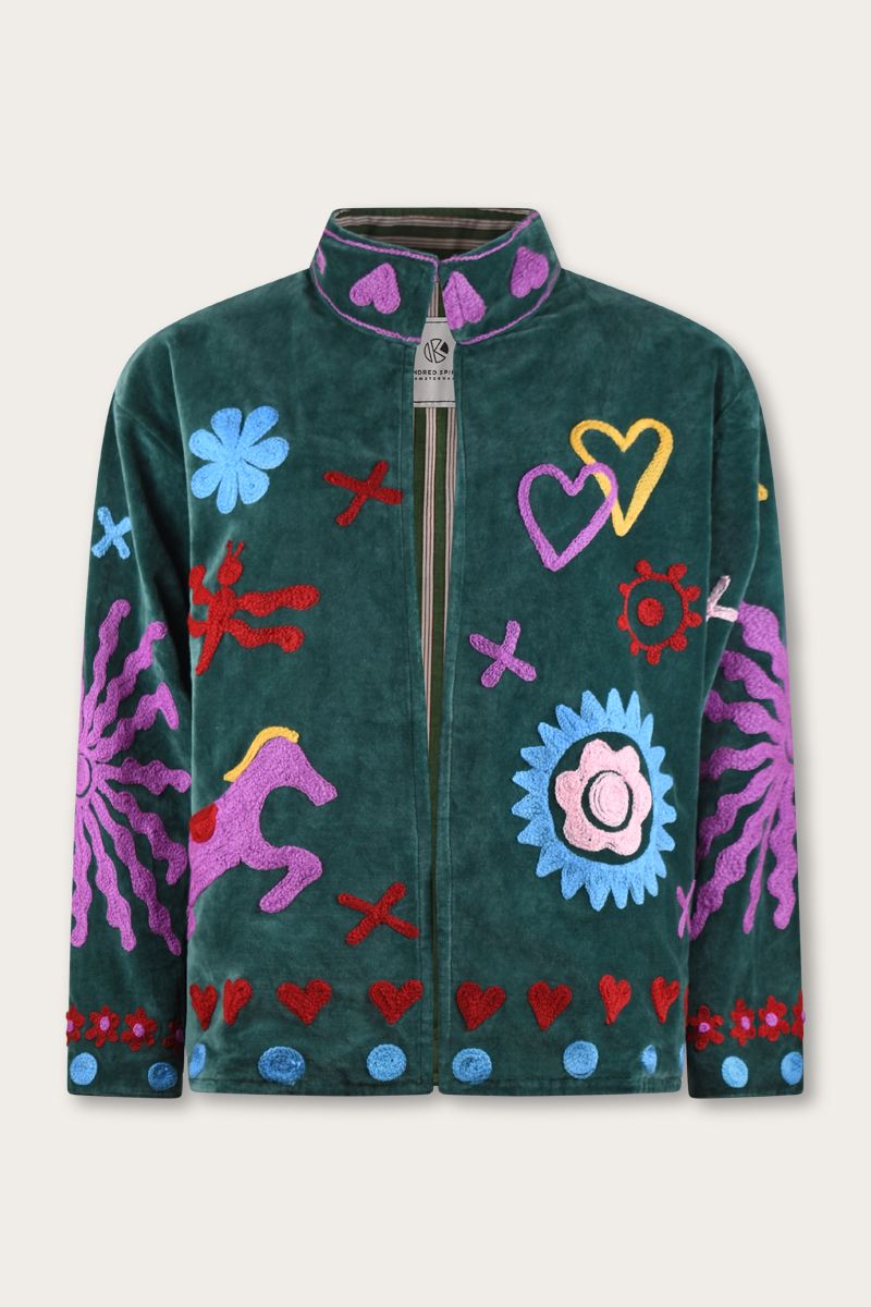 Embroidered Velvet Jacket – Deep Green with Playful Multicolor Embroidery