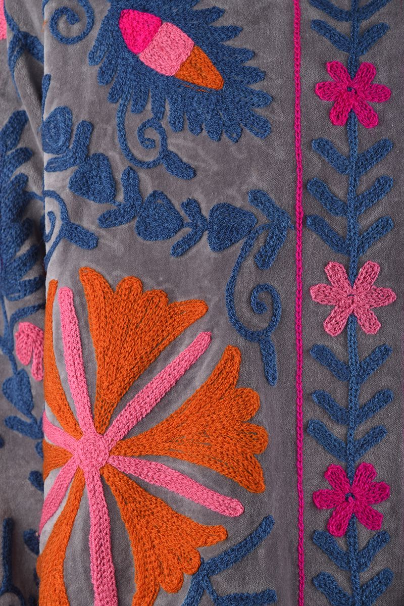 Embroidered Jacket – Soft Grey Velvet with Pink and Orange Floral Suzani Embroidery