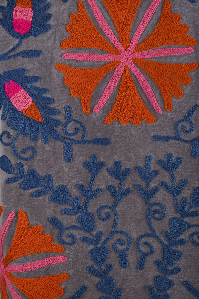 Embroidered Jacket – Soft Grey Velvet with Pink and Orange Floral Suzani Embroidery