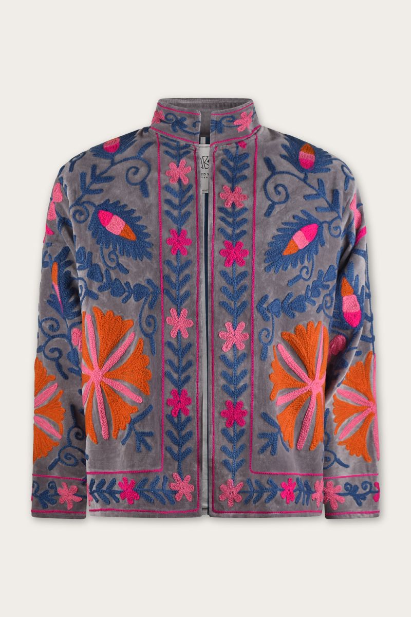 Embroidered Jacket – Soft Grey Velvet with Pink and Orange Floral Suzani Embroidery