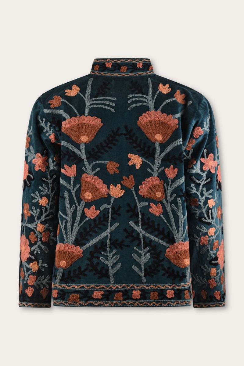 Embroidered Velvet Jacket – Petrol with Coral Floral Embroidery
