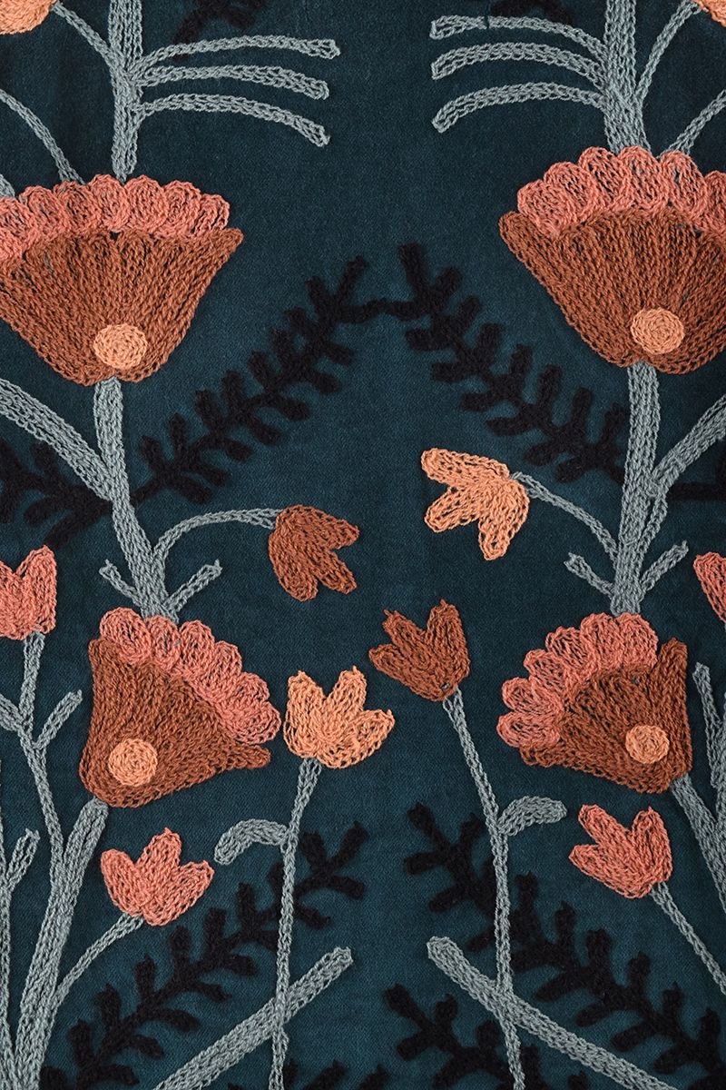 Embroidered Velvet Jacket – Petrol with Coral Floral Embroidery