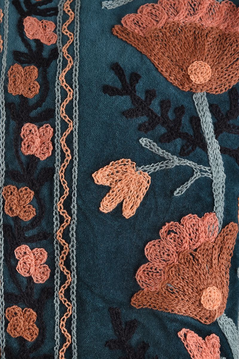 Embroidered Velvet Jacket – Petrol with Coral Floral Embroidery