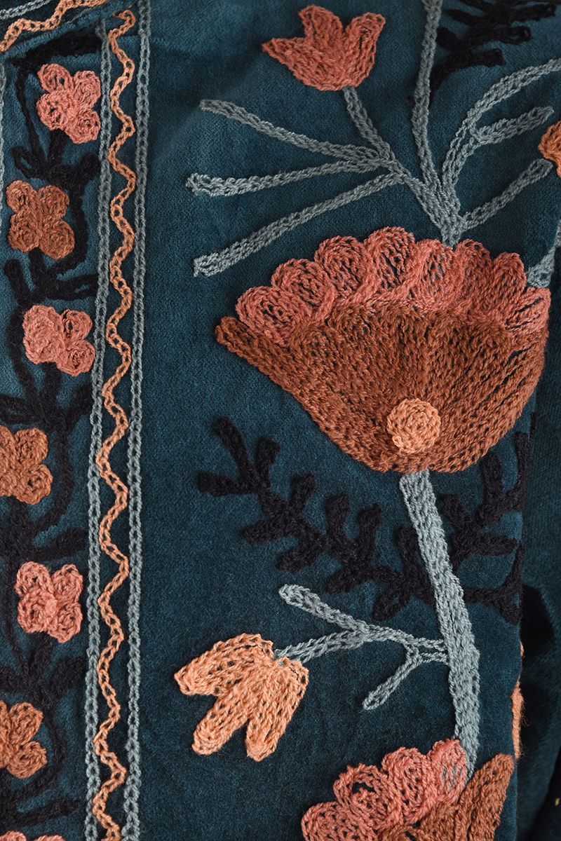 Embroidered Velvet Jacket – Petrol with Coral Floral Embroidery
