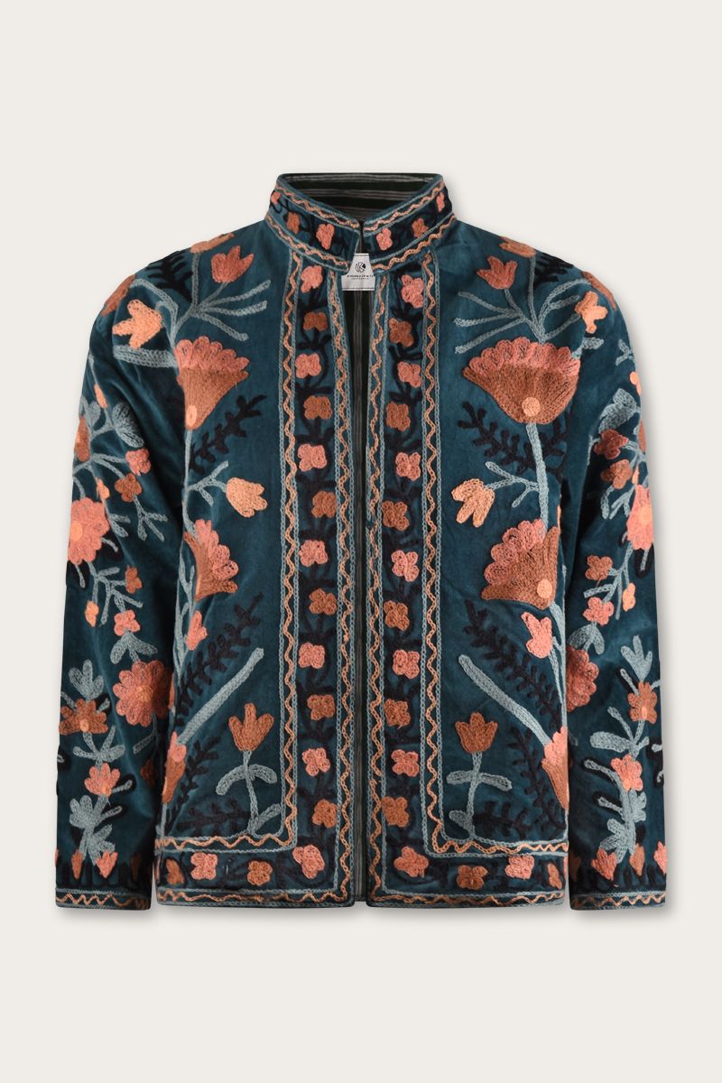 Embroidered Velvet Jacket – Petrol with Coral Floral Embroidery