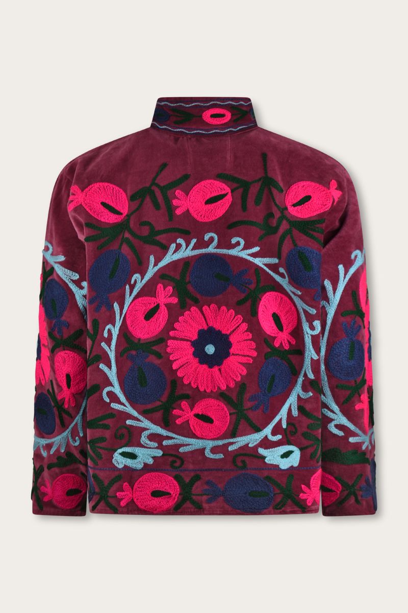 Embroidered Velvet Jacket – Wine Red with Fuchsia Floral Motif