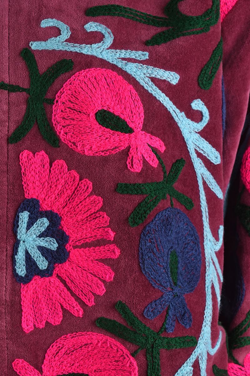Embroidered Velvet Jacket – Wine Red with Fuchsia Floral Motif