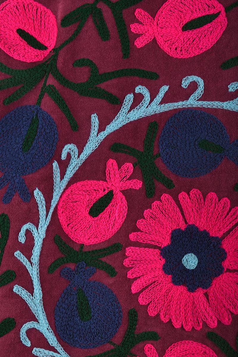 Embroidered Velvet Jacket – Wine Red with Fuchsia Floral Motif